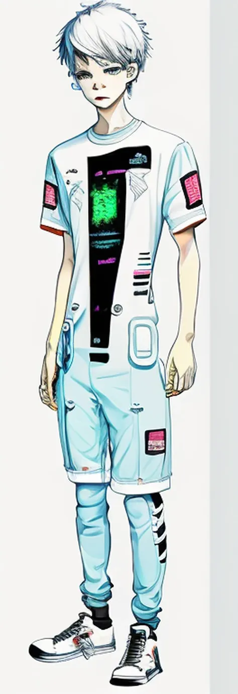 cyber punk perssonage，short- sleeved，shorter pants，Future science fiction，neonlight，CasualClothing，Boy student