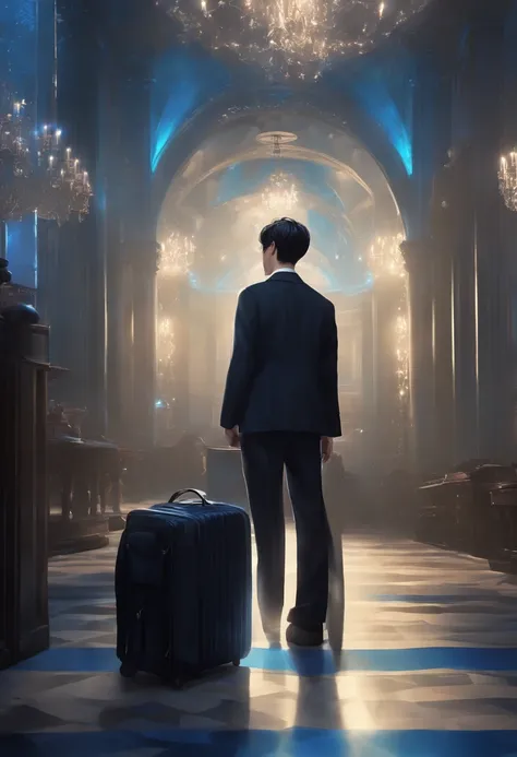 1Men,Black Hair,Black school uniform with silver trousers,Blue Aura,There are blue lights all around.