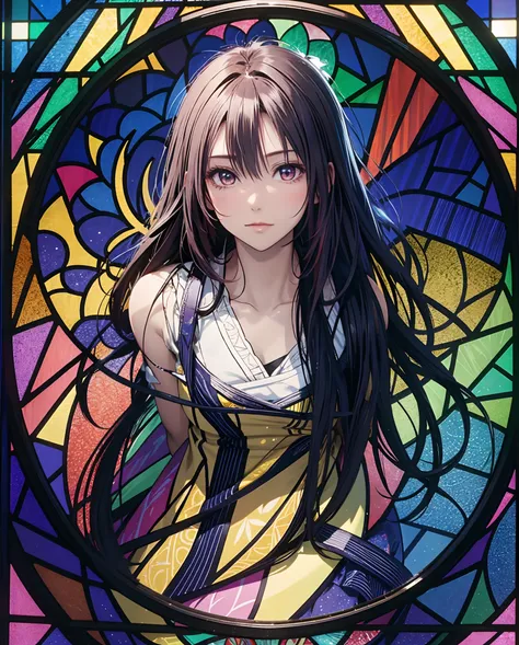 (masutepiece, of the highest quality, Best Quality,Official art, Beautiful and aesthetic:1.2),(1girl in:1.3), 1 Girl BREAK Stained Glass Art, Colored Glass, Lead Line, Light transmission breaks bright colors, intricate designs, luminous effect, Spiritual a...