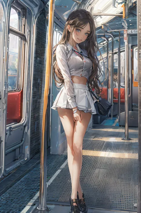 ((A sexy and beautiful woman is staring at me on the commuter train)), ((cutest 22-year-old beauty)), ((charming smile)), ((very long hair) ) , ((Mini Skirt)), ((Rich Bust)), Gradient Eyes, Seductive Makeup, Single View, NFFSW, UHD, Retina, Masterpiece, Ac...