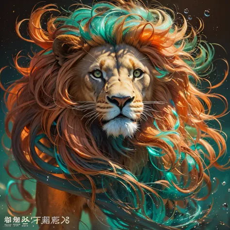 cyan colors，blue colors，enamel，agates，The world of lions，Blood Lion 32K（tmasterpiece，k hd，Aoyama Pond，hyper HD，32K）Long flowing bright orange hair，Moon pool，zydink， a color，Grumpy （Post-halo）， （Linen scarf）， The mist was thick， looking at the ground， long ...