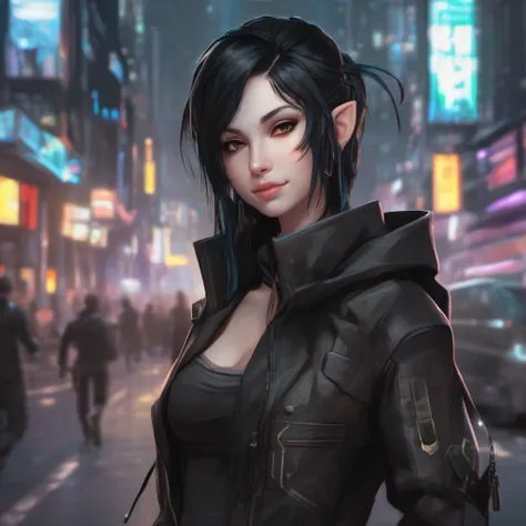 a futuristic elf girl, pale skin, with black hair tied up, delicate face, brown eyes, pointy ears similar to elves, black masks on her skin, wearing a black cyberpunk style jacket, smiling at the camera, in a clear cyberpunk city scene, 2.5D, realistic ani...