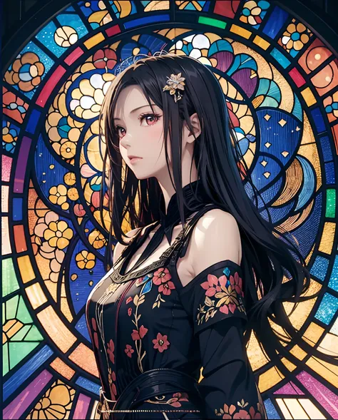 (masutepiece, of the highest quality, Best Quality,Official art, Beautiful and aesthetic:1.2),(1girl in:1.3), 1 Girl BREAK Stained Glass Art, Colored Glass, Lead Line, Light transmission breaks bright colors, intricate designs, luminous effect, Spiritual a...