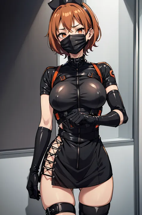 black nurse, 1girl, black nurse cap, black wear, ((black legwear, zettai ryouiki)), black elbow gloves, very short hair, orange hair, ((black surgical mask, covered nose)), standing, ((surgery room)), sharp outline, short sleeves, tomboy, boyish, best qual...