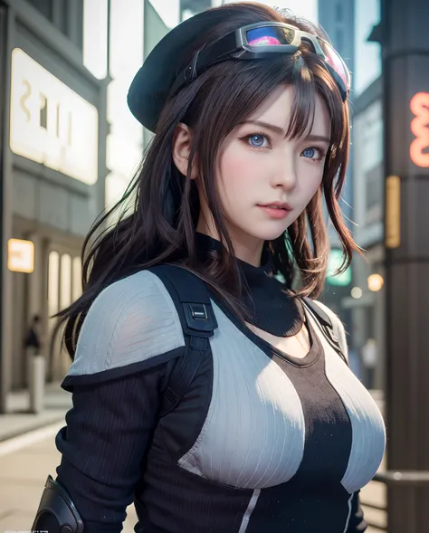 masutepiece,  Best Quality, , (Solo), 1girl in, Look up, Dim light, , Horizon_(Apex Legends), goggles, Blue eyes, Brown hair, gauntlets, Shoulder Armor,  Hats, (freckle:0.5), , (scienc_fiction), Outdoors, Street, neon light, Cyberpunk,