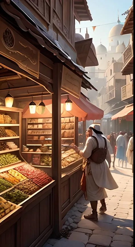 Generate an image depicting an ancient Arabian marketplace bustling with merchants and traders in traditional clothing