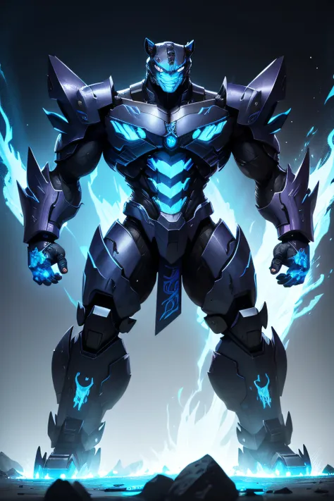 megatron fused with tai lung, has blue flames on his hands and shoulders