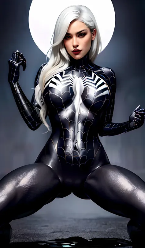 4K，realisticlying，Glamorous，The is very detailed，There is a girl in Dingcheng，Wearing a black Spider-Man costume，（Black and white：1.4） the night,symbiote，venomize，a large amount of mucus,she is a spiderman，Black superhero theme，In front of the sky，Flushed ...