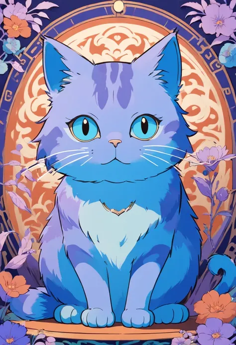 The cat in this paper cut illustration is blue, Pattern style in oriental style, lith printing, eye-catching label, precisionist lines, Light purple and blue, Clean and sharp ink, Terracotta Medal