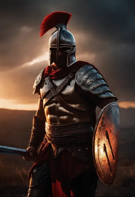 spartan warrior, dying , bloody armor, on battlefield, standing with a spear, epic, 8k