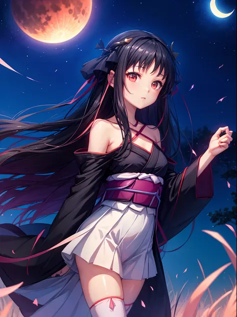 1girl, album_cover, black_hair, cloud, constellation, crescent_moon, earth_(planet), full_moon, galaxy, milky_way, moon, moonlig...