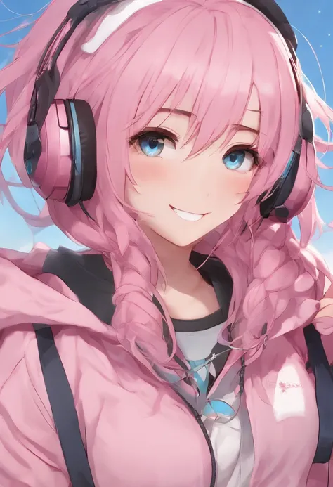 8k, ultrasharp, high res, masterpiece, 1girl, seductive smile, naughty face, blushing face, multicolored hair (pink hair, and sky blue hair), galaxy eye, expressive eyes, detailed eye, wearing headphones, wearing a hoodie,  accurate anatomy of all body par...