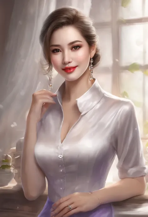 dryad々....., high-detail, ​master piece, ultra-detailliert, (Realistic:1.2), 1girl in, ( Cafe Background),, Delicate eyes, Silver-haired, Purple eyes, Hair ornaments, (Clear Buttons White Tight Office Shirt:1.3),Hair length, light_ear, diadems_braid, deadp...