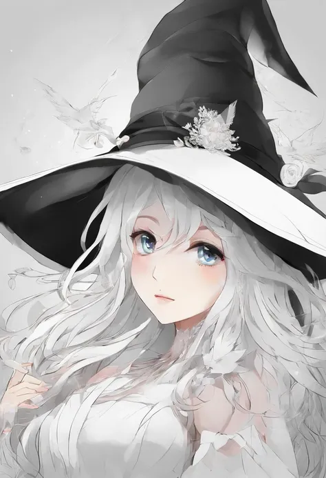 Witch hat white, white dress, white hair, manga lineart, no Grey color,no color, Black and white, no shadows, manga, 1girl, masterpiece, best quality,simple illustration