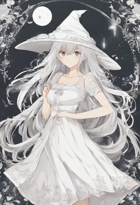 Witch hat white, white dress, white hair, manga lineart, no Grey color,no color, Black and white, no shadows, manga, 1girl, masterpiece, best quality,simple illustration