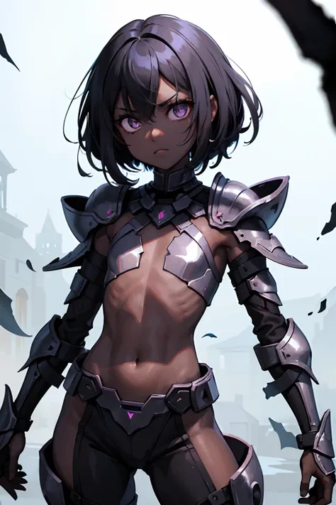 1 girl, black skin tone, petite, small chest, futuristic armor, black eyes, Evil Aura, Cursed Armor, cursed girl, Scary face