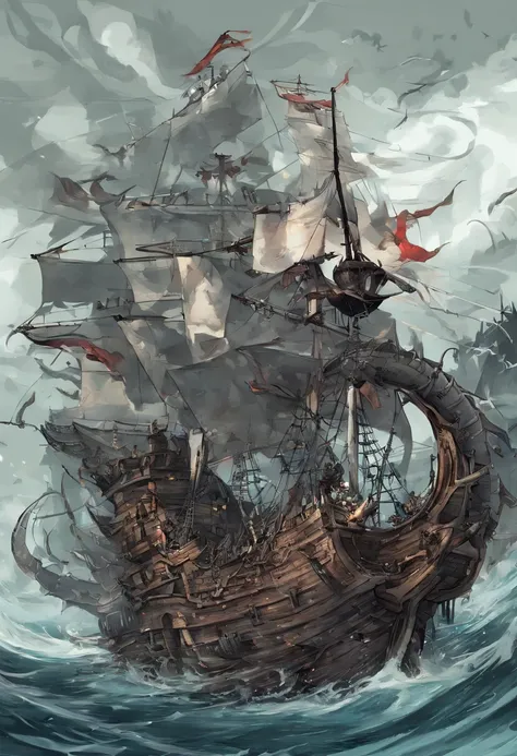 A silver pirate dragon stands imposingly on the deck of a privateer ship, con escamas plateadas que brillan bajo el sol. Su figura es majestuosa y temible, con cuernos curvados y afilados como espadas que adornan su cabeza. En su espalda, ondea una bandera...