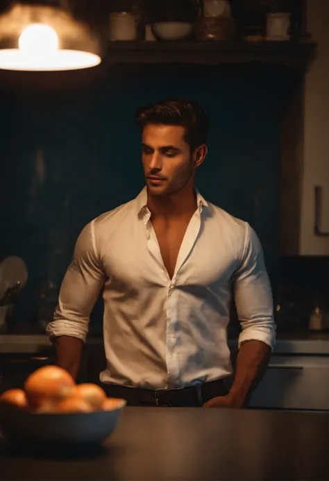 Homem loiro sem blusa, corpo normal. In the setting of a kitchen at night.