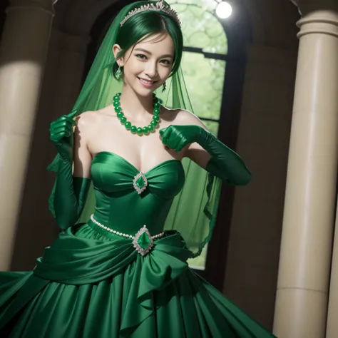 emerald tiara, Green Pearl Necklace, Boyish very short black hair, lipsticks, Japan woman smiling, very short short hair, big breasts beautiful, Green eyes, Long green gloves made of satin material, Green eyes, Emerald Earrings