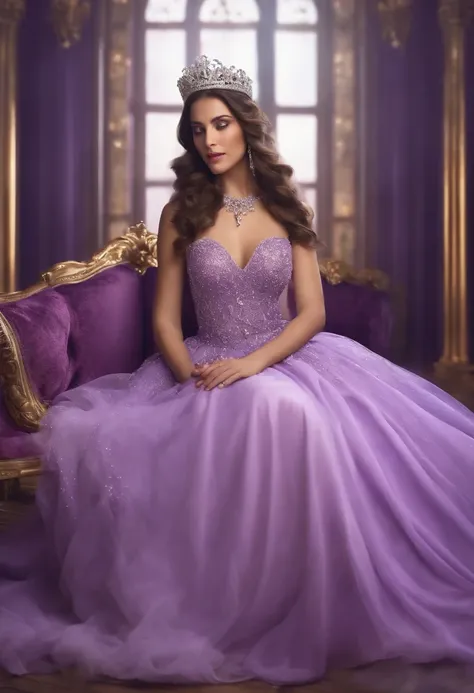 A brunette princess dressed in a lilac dress with a diadem encrusted with ARSTATION 4K jewelry of the best quality