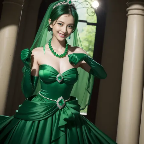 emerald tiara, Green Pearl Necklace, Boyish very short black hair, lipsticks, Japan woman smiling, very short short hair, big breasts beautiful, Green eyes, Long green gloves made of satin material, Green eyes, Emerald Earrings