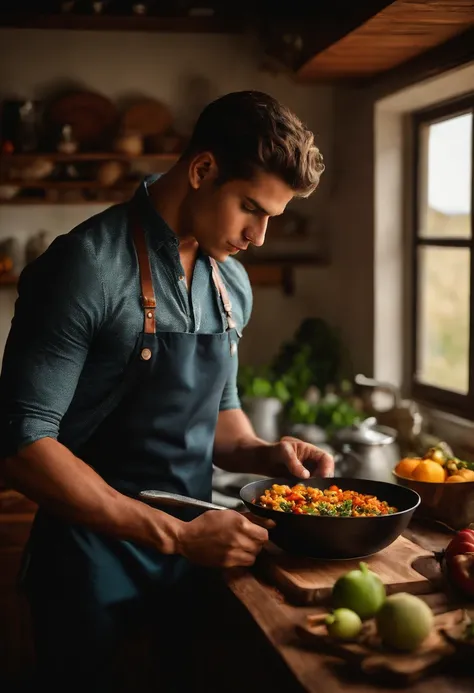 Homem jovem loiro, enfatizar sem camisa. Scenery must be cooking, em uma cozinha de luxo.