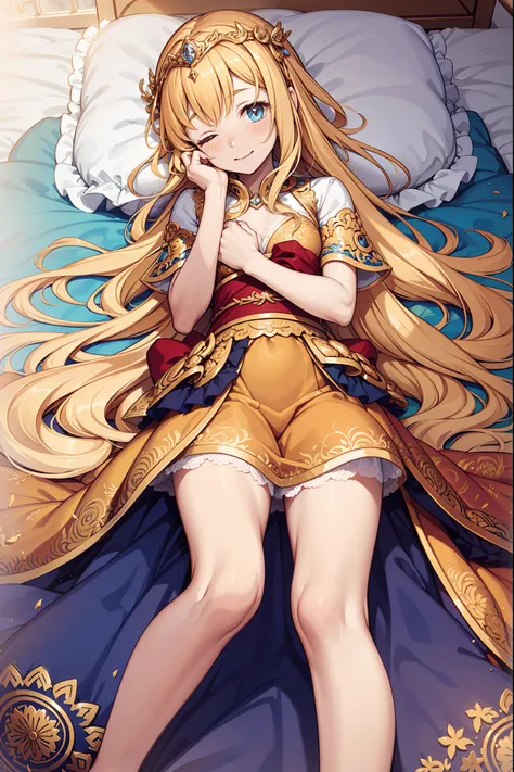 teens girl，divino，Enchanted，having fun，Being in love，blond hairbl，Golden dress，intricate detailed clothes，Pattern，Princess headband，A small amount of lace，swim wears，Bedrooms，solo person，the night，(Lie down)，pillow head