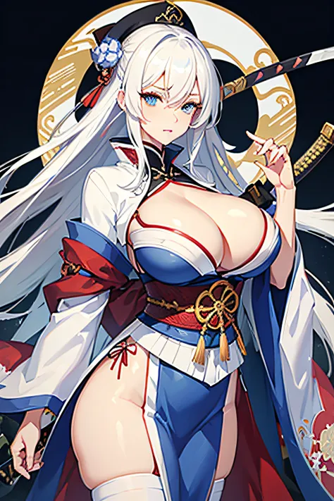 White Hair Blue Eyes Milf With Sexy Japanese Tradational Clothes big breasts Sexy Also Has a Katana On Left Belt