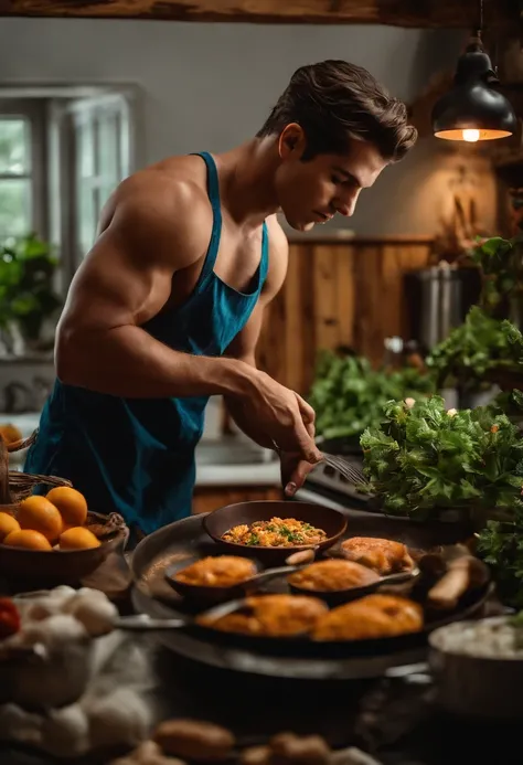 Homem jovem loiro, enfatizar sem camisa. Scenery must be cooking, em uma cozinha de luxo.