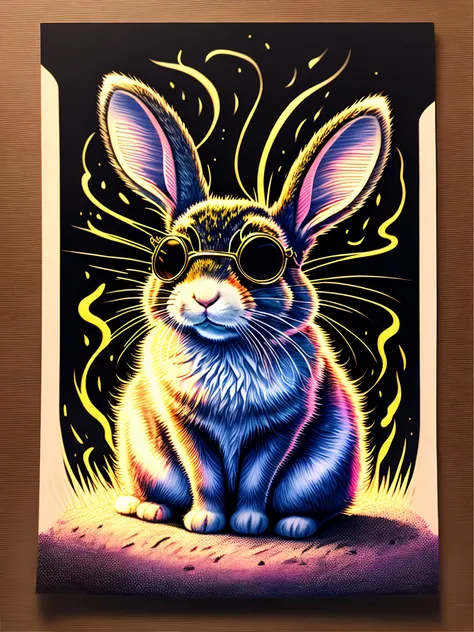 Drawing of rabbit in colorful sunglasses isolated on black background、、Breathtaking rendering、In a shining connection、Kinuko Y.Inspired by the craft、magic elements、Kitten icon、The is amazing、Beautiful fece、Multi-cast colorful spells、Bright flash、The Flash