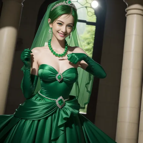 emerald tiara, Green Pearl Necklace, Boyish very short green hair, lipsticks, Japan woman smiling, very short short hair, big breasts beautiful, Green eyes, Long green gloves made of satin material, Green eyes, Emerald Earrings