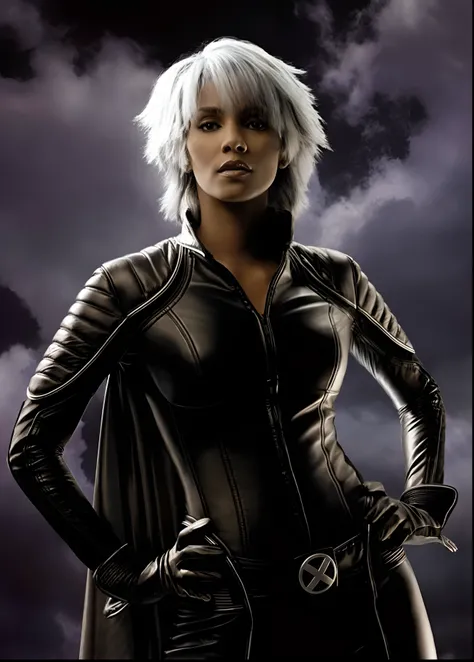 a close up of a woman in a black leather outfit, x-men storm, portrait of ororo munroe, storm!, as a retrofuturistic heroine, textless, profile shot, cyborg - girl with silver hair, black leather costume, full body x-force outfit, x - men, x-men, as a retr...