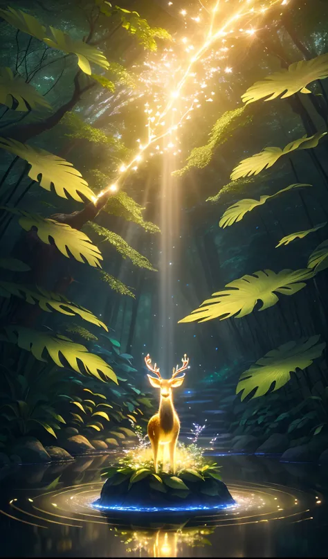 (best quality, 4k, 8k, highres, masterpiece:1.2), ultra-detailed, (CG, computer-generated:1.1) wallpaper, (top quality), (top-notch, exquisite) illustration, (superb, exceptional) shadows, (glowing, radiant) spirit, a glowing deer drinking water in a swimm...