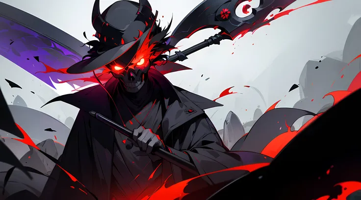 1guy, short black hair , red fire flower eye. one red eye ,glowing eye , purple theme , wearing gravedigger hat , with a scythe , gravedigger coat , putting on an black skull mask , hell , covered face , high res, ultrasharp, 1080p, masterpiece , desktop b...