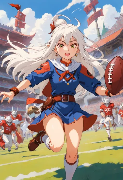 blood bowl witch elf with long white hair and spiked wrist guards, holding american football, running past others.