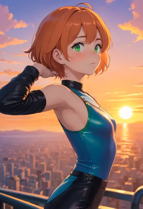 1girl, short orange hair, green eyes, freckles, big breasts, wearing blue leotard, black leather pants, sunset, absurdres, high res, ultrasharp, 8K, masterpiece, looking at the sky, side view