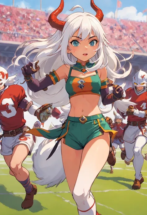 blood bowl, dark elf team, witch elf, long white hair,  spiked wrist guards, holding american football, running past others, showing panties