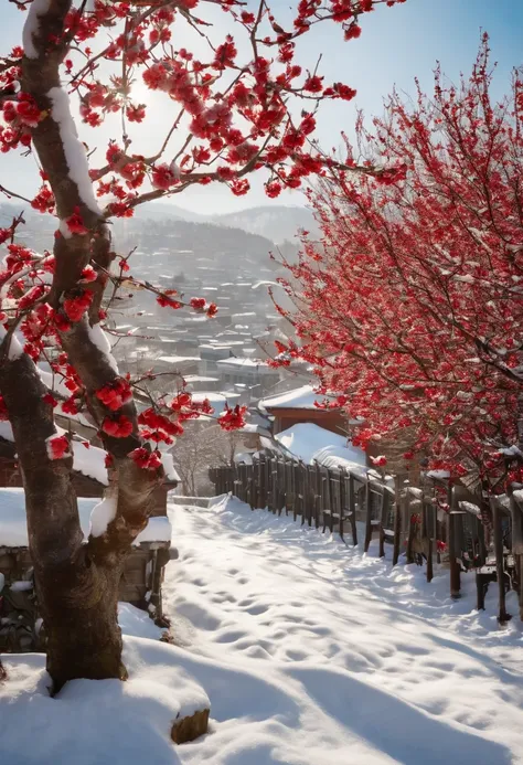 Masterpiece, high quality, on a plum blossom tree in the snow, (three little birds) get together, winter sunshine, red wintersweet flowers, building cornices in the distance, glare --v6