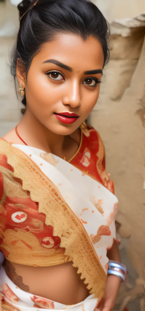 arafed woman in a plain white  sari posing for a picture, very beautiful girl, traditional beauty, with lovely look, very very v...