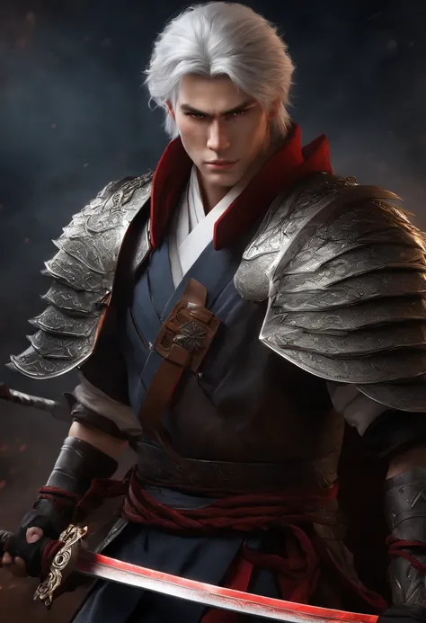 (best quality, highres:1.2),ultra-detailed,realistic:1.37,white-haired young man without a beard with blue eyes, 2 katanas one red and one blue, detailed eyes and face, long eyelashes, distinct facial features, confident expression, dynamic pose,sleek appe...