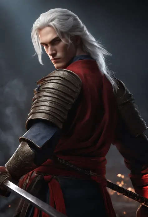 (best quality, highres:1.2),ultra-detailed,realistic:1.37,white-haired young man without a beard with blue eyes, 2 katanas one red and one blue, detailed eyes and face, long eyelashes, distinct facial features, confident expression, dynamic pose,sleek appe...