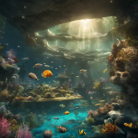 Open world，Akalandis under the sea，Fantastical colors，Depicting the underwater world，Clear water fluctuations，Bubbles in the water fluctuate，very wide angle shot，Fantastic artistic expression，