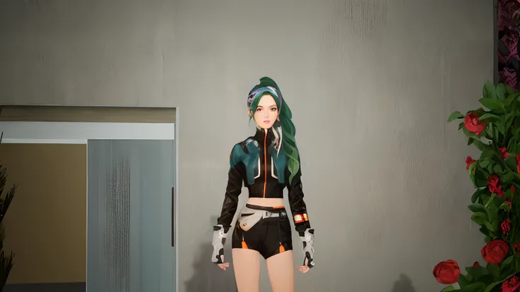 there is a woman with green hair and a black outfit, mechanic punk outfit, cyberpunk outfit, cyber punk setting, cyberpunk style outfit, futuristic clothing and helmet, with futuristic gear and helmet, outfit: cop, in cyber punk 2077, leeloo outfit, futuri...