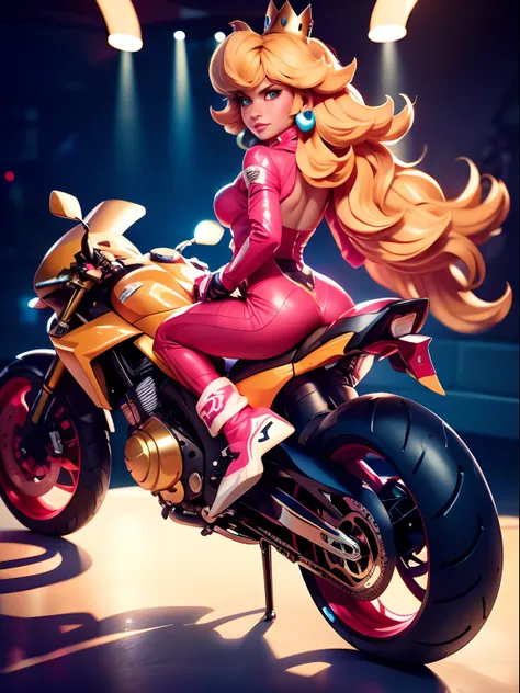 driving sport motocycle, princess peach, mario kart, pink suit, blonde long hair, race streets, crown, detailed textures, dynami...