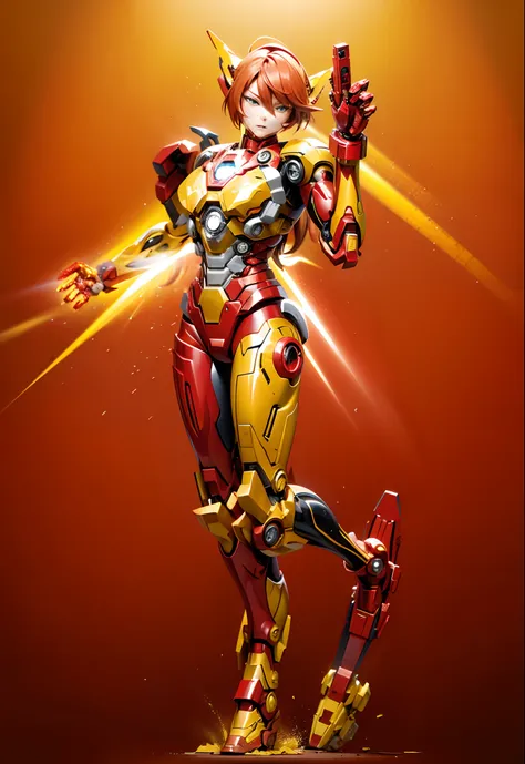 Alaf in a yellow and red suit with a gun, full body zenkai! asuka suit, wearing red and yellow hero suit, battle damaged iron man suit, like ironman, gynoid cyborg body, cyberpunk iron man, pvc poseable, Asuka, biomechanical oppai, superior iron man, Full ...