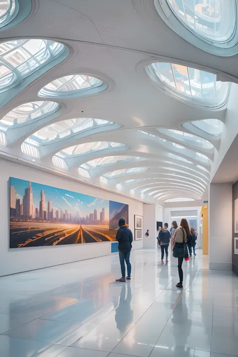 Art exhibitions，There is a wall in the middle of the exhibition hall,The painting on the wall is in the middle, Paintings on the walls, skyscape, Large airy windows, Zaha Hadid and Santiago Calatrava landscape panoramic style, Fish, Clear light, Edge light...