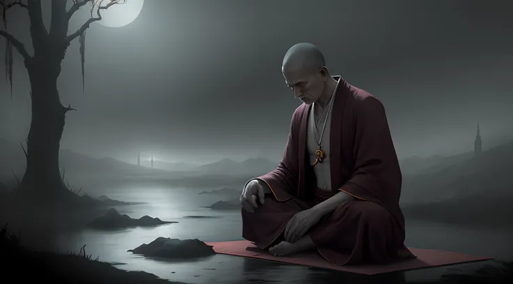 man Monk in robe prays in lotus pose, by Fang Congyi, fantasy art, (dark atmosphere:1.5), cinematic, intricate, dof