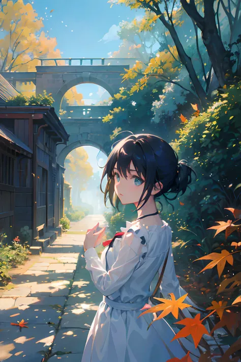 Create exquisite illustrations reminiscent of Makoto Shinkais style, It has ultra-fine details and top-notch quality. Create an illustration of a single autumn leaf descending from the sky, and a young girl who spots it, wearing a curious expression. The s...