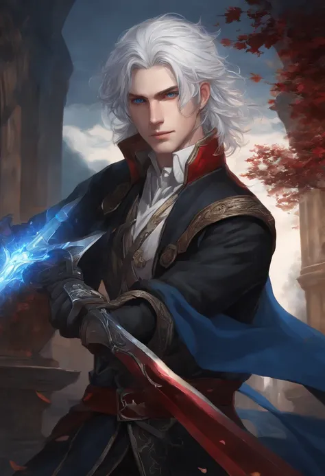 (best quality,highres,ultra-detailed:1.2),anime style drawing of a young white-haired and blue-eyed man without a beard, wielding a red and a blue sword, dressed in a black jacket.