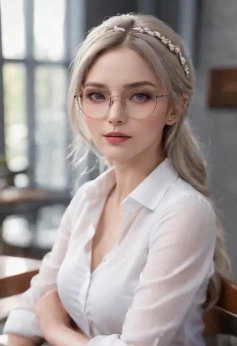 At best....., high-detail, master-piece, ultra-detail, (Realistic:1.2), 1girls, ( Cafe Background),, delicate eyes, silver-haired, purple eyes, Hair ornaments, (Clear Buttons White Tight Office Shirt:1.3),Hair length, light_ear, diadem_braid, expressionles...